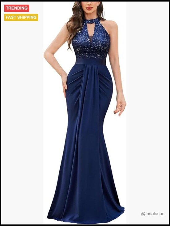 Dresses & Skirts - Halter V-Neck Lace Sequin Pleated Formal Evening Maxi Dress